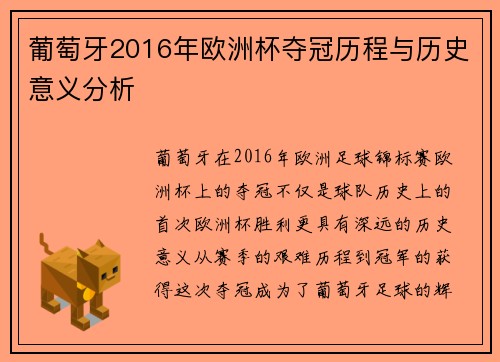 葡萄牙2016年欧洲杯夺冠历程与历史意义分析